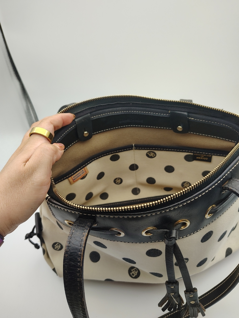 Dooney & Bourke Polka Dot Tote Bag with Tassel Detail - Black and Cream Combo - Picture 11 of 15